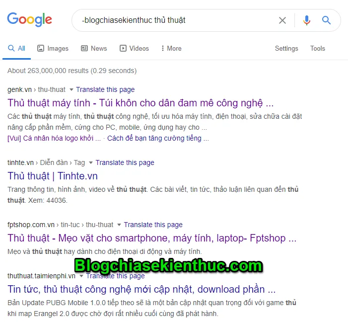 Mô tả cách sử dụng dấu trừ (-) để loại bỏ kết quả tìm kiếm từ một trang web không mong muốn